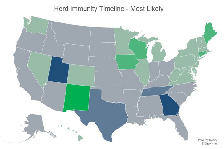 map of the continental us that shows how quickly herd immunity can be reached by state